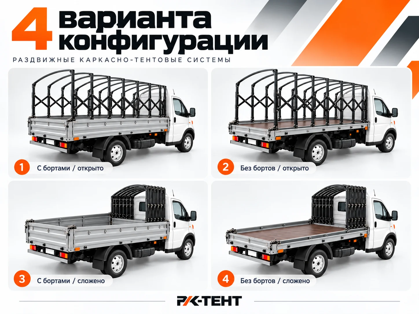 РК-ТЕНТ с бортами и без бортов, в открытом и сложенном состоянии